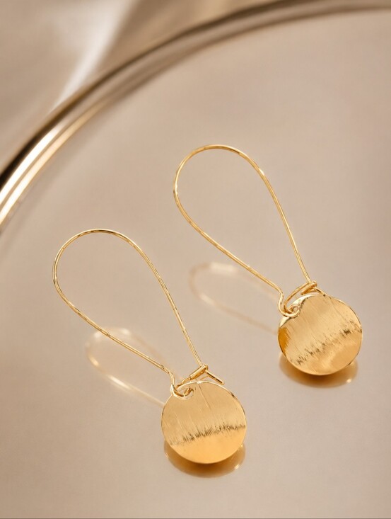 None Jewelry - Brushed Gold Glossy Disc Drop Hook Earrings